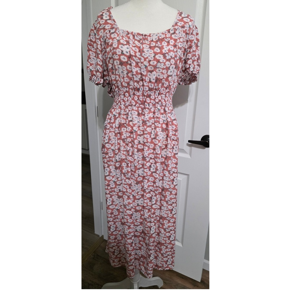 Kancy Kole Pink Floral Midi Dress XL Smocked Waist Puff Sleeve Square Neck Boho